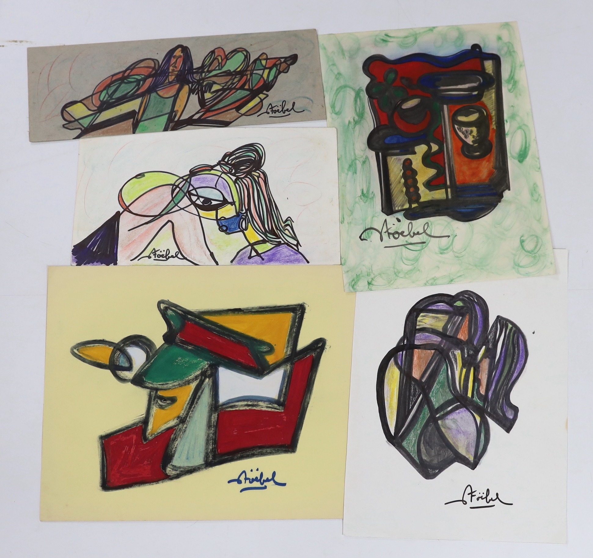 Edgar Stoebel (René Teboul Yechoua, French, 1909-2001), five mixed medias on paper/card, Abstract and surreal compositions, each signed, unframed, largest 30 x 24cm